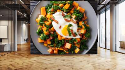 Healthy food sweet potato with kale, bacon and fried egg close-up on a plate. Horizontal top view Wall mural