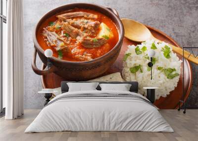 Hilachas is a staple of Guatemalan cuisine, a red colored stew featuring ingredients such as shredded beef and vegetables closeup in the plate on the table. Horizontal Wall mural