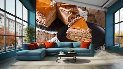 Homemade slice of Hungarian Dobosh cake with caramel close-up. horizontal Wall mural