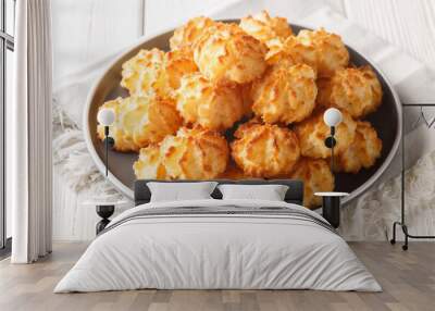 Natural baked coconut cookies or coconut macarons closeup on the plate on the table. Horizontal Wall mural