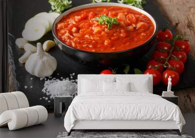 Neapolitan fresh pizzaiola sauce made with tomatoes, oregano, onions and garlic close-up. horizontal Wall mural