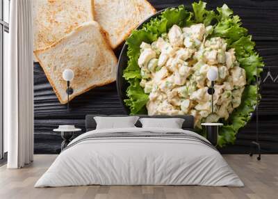 Organic chicken salad with celery, eggs seasoned with sauce closeup on a plate. Horizontal top view Wall mural