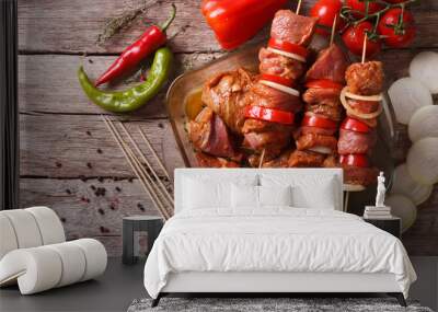 Preparing food for cooking barbecue on skewers. horizontal top view 
 Wall mural