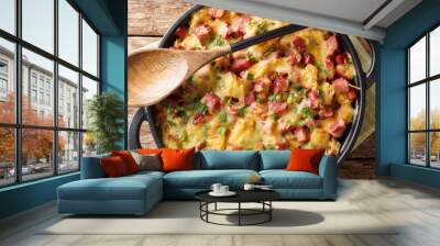 recipe for a simple strata with ham, bread, onions, cheese and eggs close-up in a pan. Horizontal top view Wall mural