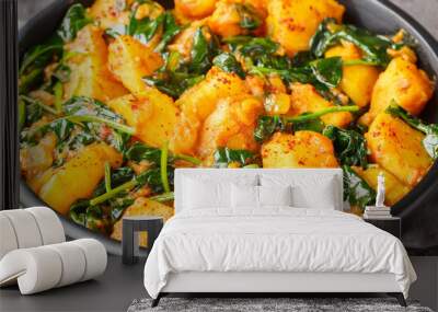 Saag Aloo Indian style spinach and potatoes curry in a bowl closeup on the table. Horizontal Wall mural