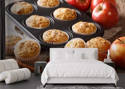 Sweet dessert apple muffins with cinnamon close-up in a baking dish. horizontal Wall mural