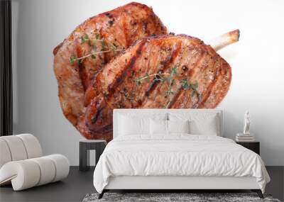 two grilled pork steak isolated on white background Wall mural