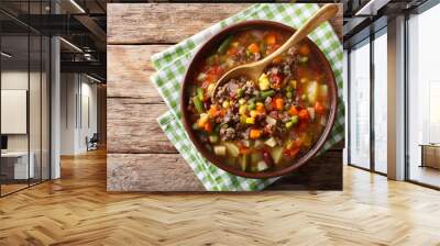 Vegetable soup with ground beef close-up in a bowl. horizontal top view Wall mural