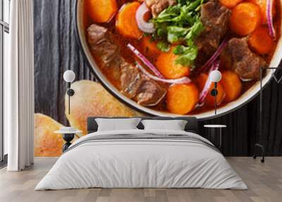 Vietnamese bo kho beef stew is packed with tender, fall-apart braised chunks of beef loaded with herbs, aromatics and a delicious broth closeup in bowl. Vertical top view from above Wall mural