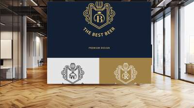 Line graphics monogram. Logo design. Flourishes frame ornament template with barrel for logos, labels, emblems for beer house, bar, pub, brewing company, brewery, tavern. Letter B, W, R. Vector Wall mural