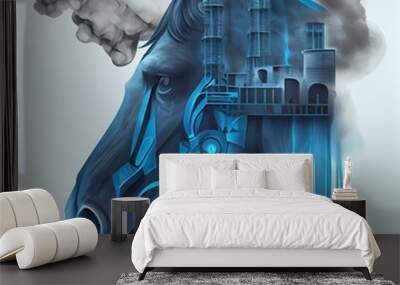 Double exposure of horse and waves, blue dripping color and splashes, nature in water background. AI generative Wall mural