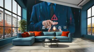 Cyber security privacy concept. Lock icon and internet network secure technology to protect data information. Businessman show person data info protection on smartphone, virtual screen network tech Wall mural