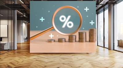 Interest rate rise, dividend money investment concept. Business provision of financial service. Gold magnifying glass finding on house loan interest rate percentage icon, mortgage rate blue background Wall mural