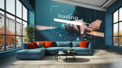 Internet loading speed performance on computer screen. High speed web connection. Fast internet connection technology concept. Programmer people work with laptop screen of Internet speed measurement Wall mural