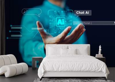 Virtual graphic Global Internet Chat with AI cpu for generates. Ai tech, Artificial Intelligence Futuristic technology transformation. Businessman connect Command prompt. Digital computer concept Wall mural