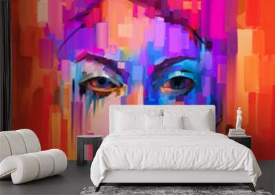 Oil or acrylic paint on canvas texture. Abstract color portrait of young woman. Modern art, oil painting colorful female face. Illustration artwork paint design for background, Impressionism style Wall mural