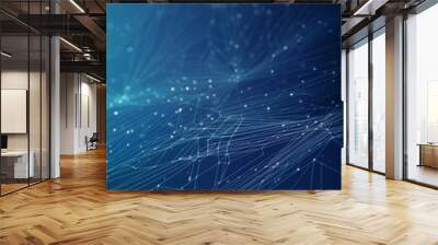 Abstract connected blue dots and line on deep blue background, data flow concept, neural network of artificial intelligence, network connection, big data network concept Wall mural