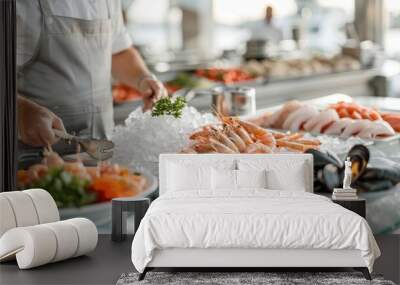 A bustling seafood buffet with ice-laden counters filled with seafood delicacies. Wall mural