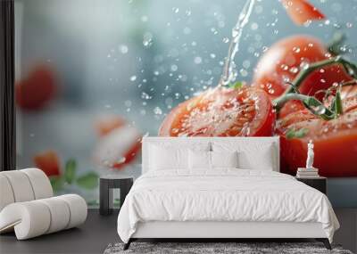 A close-up of a tomato being sliced, revealing its juicy flesh and seeds. Wall mural