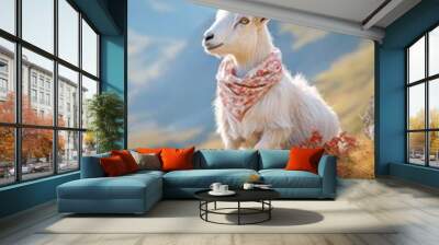 A goat with a playful scarf climbing a rocky hillside against lush green meadows. Wall mural