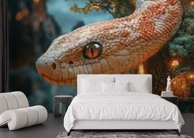 A surreal depiction of a snake in a dreamlike setting, blending imaginative and fantastical elements. Wall mural