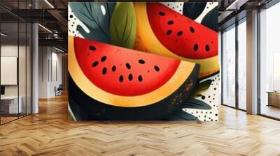 Abstract illustration of watermelon, focusing on shapes and colors to create a unique and intriguing piece. Wall mural