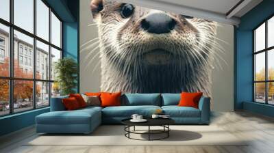 Background, an otter against a minimalist backdrop with subtle gradients and soft details, focusing on its charming features in a serene setting. Wall mural