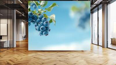 Blueberry bush with ripe fruits hanging from branches under a clear blue sky, showcasing a bountiful harvest. Wall mural