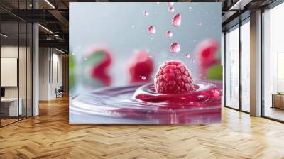 Close-up of a drop of raspberry juice falling into a glass, creating ripples in the deep red liquid. Wall mural