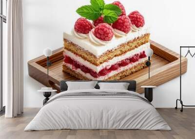 Raspberry cake on a wooden tray isolated on a white background, providing a rustic and inviting feel. Wall mural