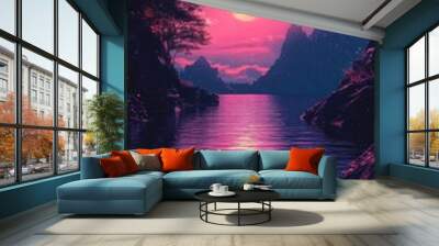 Stream in synthwave style with neon colors, retro water effects, and vibrant, dynamic visuals. Wall mural