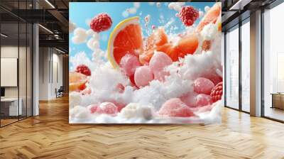 Surreal vision of melting raw fruit candies forming abstract landscape. Wall mural