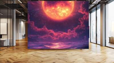 The Sun in synthwave style with neon colors, retro elements, and a vibrant, glowing solar landscape. Wall mural