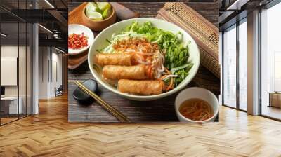 Fried Spring Rolls Cold Rice Vermicelli with sauce served in bowl isolated on table top view of taiwan food Wall mural