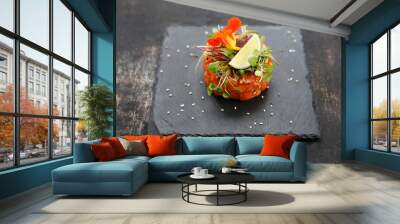 Salmon tartare with edible florals. A light appetizing appetizer Wall mural