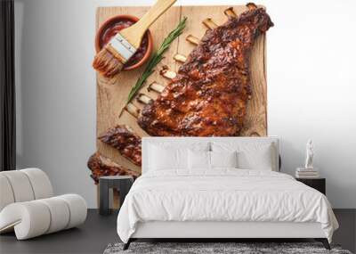 American style pork ribs glazed with  bbq souce with salt and pepper, isolated on white. Wall mural