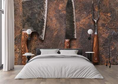 Stylish Butcher's Set: cleaver, knife and fork. Top view Wall mural