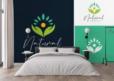 Hands Leaves Sun for Natural Healthy Life. Fresh Organic Nutrition Food logo design Wall mural