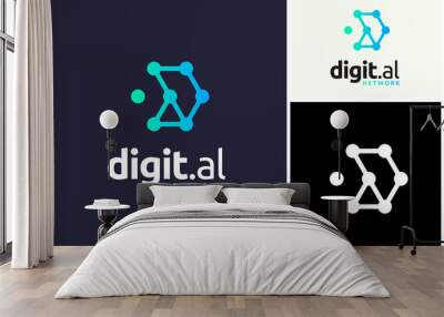 Initial Letter D with digital futuristic wire frame dots link circuit network line logo design Wall mural