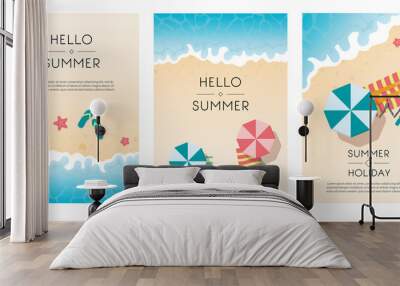 Set of summer travel fliers with beach items and wave. Vector illustration Wall mural