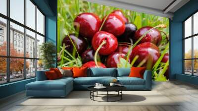 ripe sweet cherry on green grass Wall mural