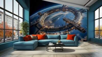 A massive, ring-shaped space station floating above Earth, illuminated by city lights, set against the backdrop of space and distant stars Wall mural