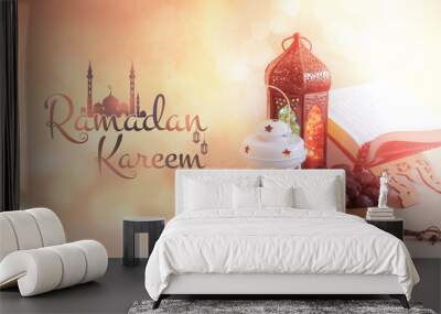 Ramadan Kareem Greetings banner Design 2023, Beautiful creative Eid Mubarak Background Traditional Lantern lamp and Dates with Quran, Islamic concept image Wall mural