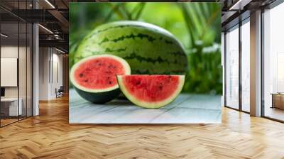 sliced Watermelon on a wooden table with copy pace for text, fresh fruits background Wall mural