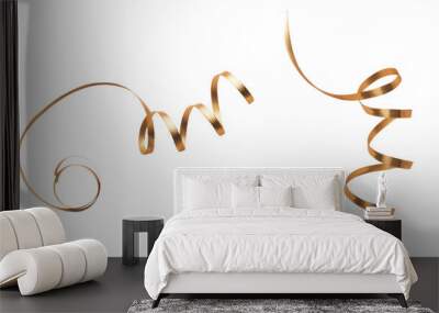 A thin curly gold ribbon for Christmas and birthday present banner isolated against a white background. Wall mural