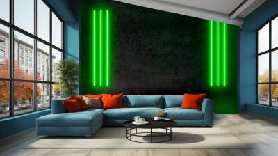 Empty dark abstract room with green fluorescent neon lights. Stage, scene and night club party concept background with copy space for text or product display. Wall mural