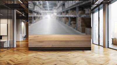 Wooden table top for product display montage. Blured shelves with goods in store at factory warehouse storage in the background. Stock concept. Wall mural