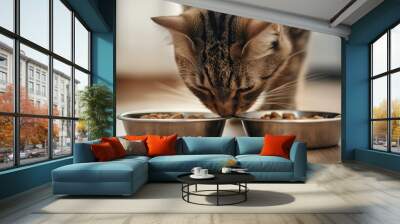 A cat savoring its meal from two bowls on the floor, showcasing the pet’s focused and content expression during feeding time. Photo Wall mural