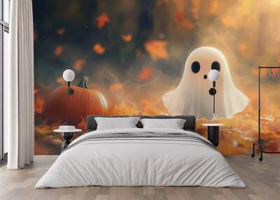 A cute white ghost with hollow black eyes stands in a dreamy autumn landscape, surrounded by orange pumpkins and colorful fallen leaves. The scene has a mysterious, slightly foggy Wall mural