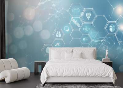 abstract medical background filled with flat icons and symbols that represent various aspects of healthcare technology and innovation. Use a gradient or geometric pattern as the ba Wall mural